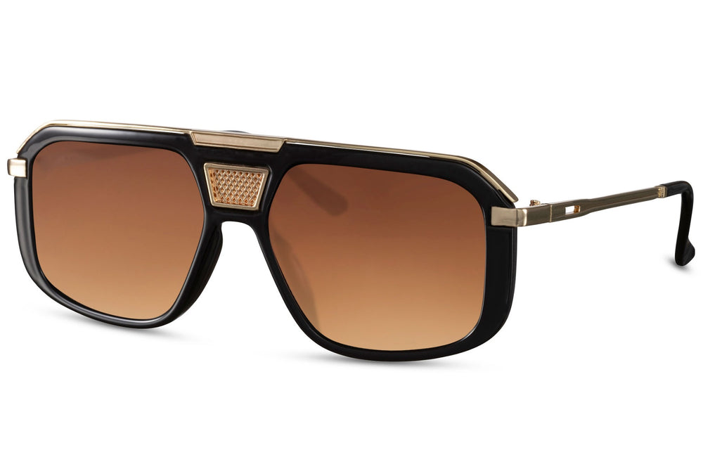 Vista lateral de las gafas de sol para hombre Dorelion Aria negras y doradas con lentes polarizadas y protección UV400.