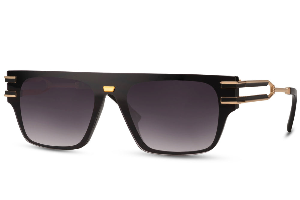 Vista lateral de las gafas de sol para hombre Dorelion Elio negras y doradas con lentes polarizadas y protección UV400.