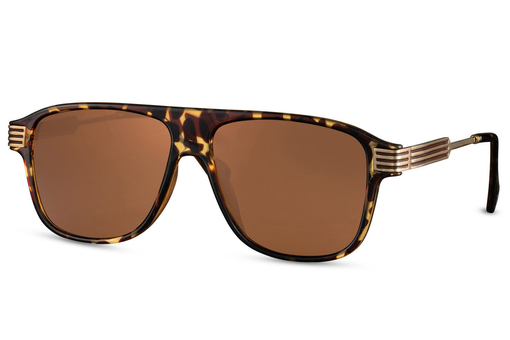 Vista lateral de las gafas de sol para hombre Dorelion Lume color carey y dorado con lentes polarizadas y protección UV400.
