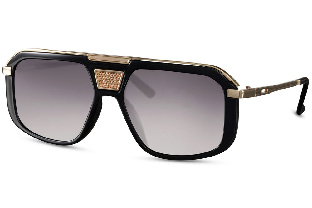 Vista lateral de las gafas de sol para hombre Dorelion Mira negras y doradas con lentes polarizadas y protección UV400.