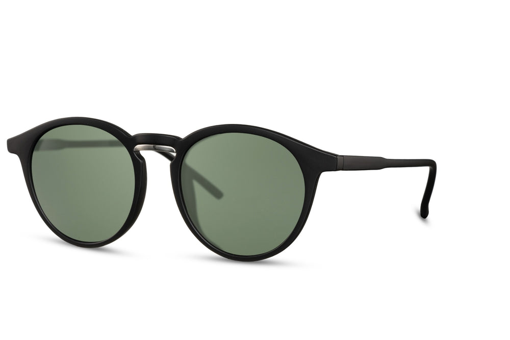 Vista lateral de las gafas de sol redondas para hombre Dorelion Nova negras con lentes polarizadas y protección UV400.