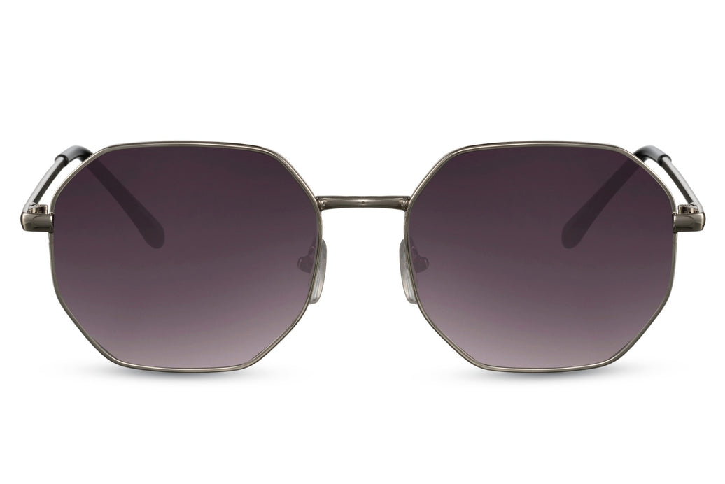 Gafas de sol para mujer Dorelion Aura con montura plateada y detalles en color cobre, lentes negras polarizadas y protección UV400.