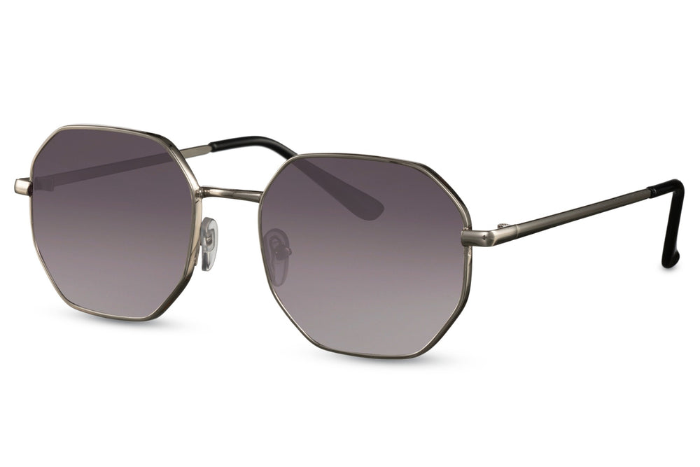 Vista lateral de las gafas de sol para mujer Dorelion Aura con montura plateada y detalles en color cobre, lentes negras polarizadas y protección UV400.