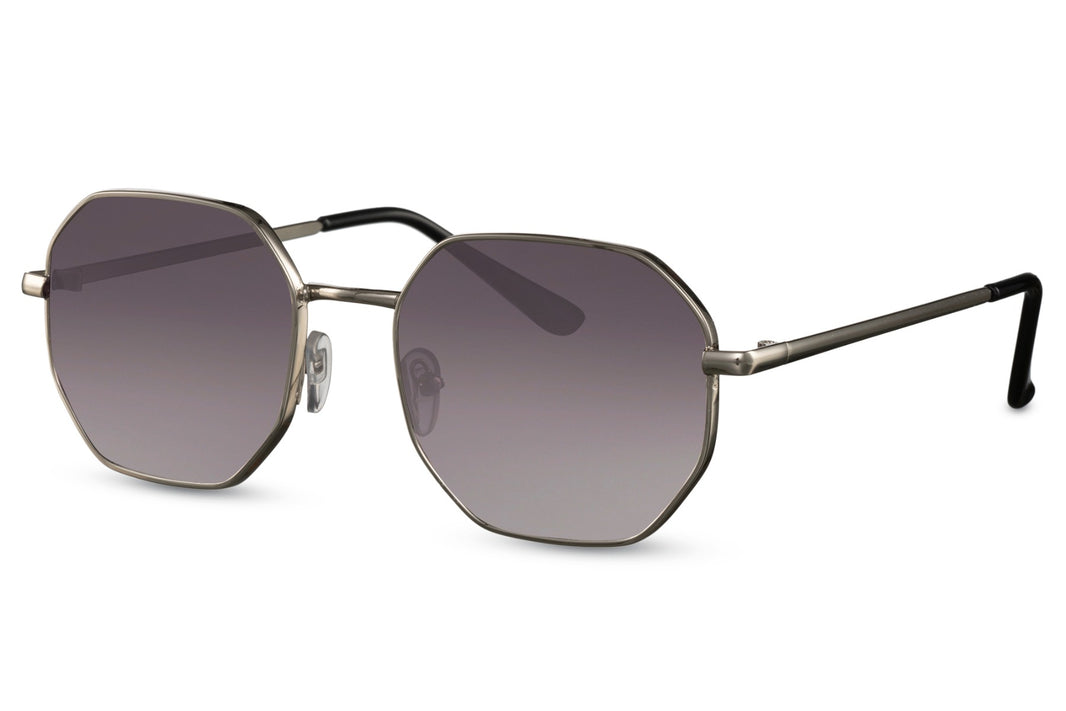 image Vista lateral de las gafas de sol para mujer Dorelion Aura con montura plateada y detalles en color cobre, lentes negras polarizadas y protección UV400.
