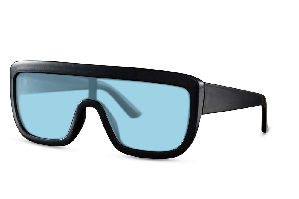 Vista lateral de las gafas de sol para mujer Dorelion Vela negras con lentes azules polarizadas y protección UV400.